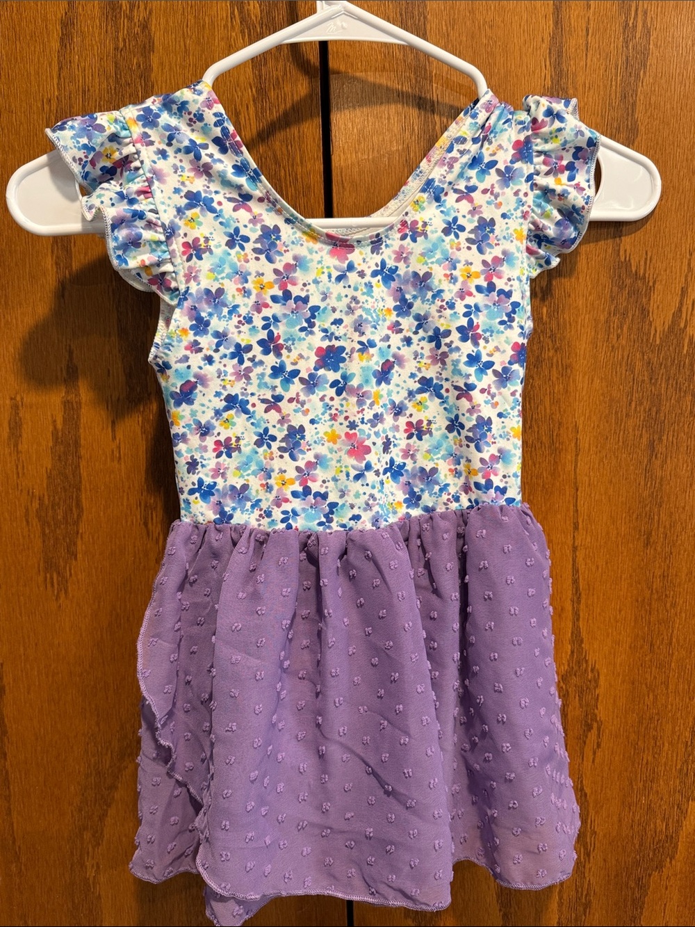 Girls Purple Floral Flutter Sleeve Leotard Gymnastic Dance 6